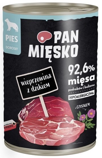 Pan Mięsko Karma mokra dla psa Wieprzowina z dzikiem puszka 400g Pan Mięsko Karma mokra dla psa Wieprzowina z dzikiem puszka 400g