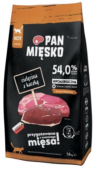 Pan Mięsko Karma sucha dla kota - cielęcina i kaczka chrupki M 1,6kg Pan Mięsko Karma sucha dla kota - cielęcina i kaczka chrupki M 1,6kg