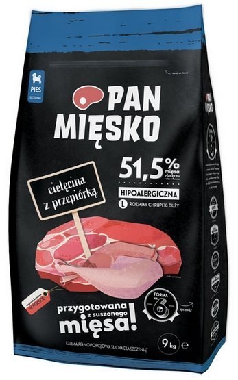 Pan Mięsko Karma sucha dla psa - dla szczeniąt cielęcina i przepiórka chrupki L 9kg Pan Mięsko Karma sucha dla psa - dla szczeniąt cielęcina i przepiórka chrupki L 9kg