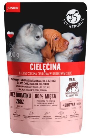 PetRepublic Pies Junior Fileciki z cielęciną saszetka 100g PetRepublic Pies Junior Fileciki z cielęciną saszetka 100g