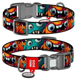 Collar WauDog Nylon Obroża nylonowa z QR-paszportem, plastikowy fastex, wzór ZĘBATE POTWORY, XXL 35mm/46-70cm