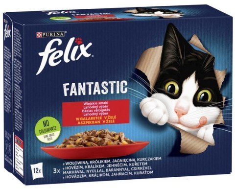 Felix Fantastic Wiejskie Smaki w galaretce kurczak/wołowina/królik/jagnięcina saszetki 12x85g Felix Fantastic Wiejskie Smaki w galaretce kurczak/wołowina/królik/jagnięcina saszetki 12x85g